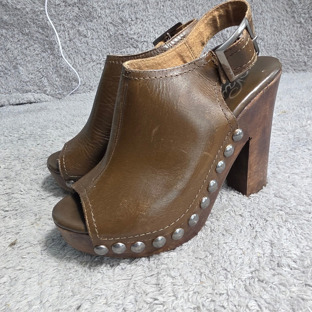Naughty‎ Monkey Studded Leather Clog Sandals Brown Wood Platform Womens 6.5 Y2K